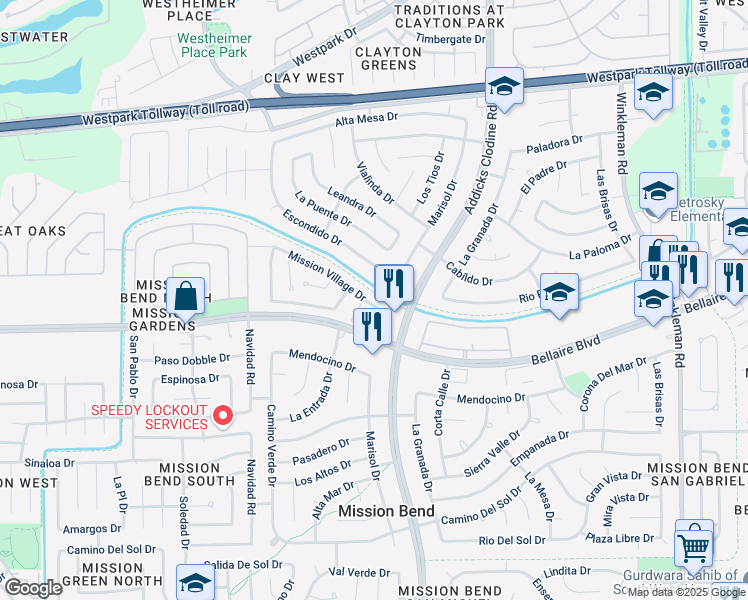map of restaurants, bars, coffee shops, grocery stores, and more near 15814 Mission Village Drive in Houston