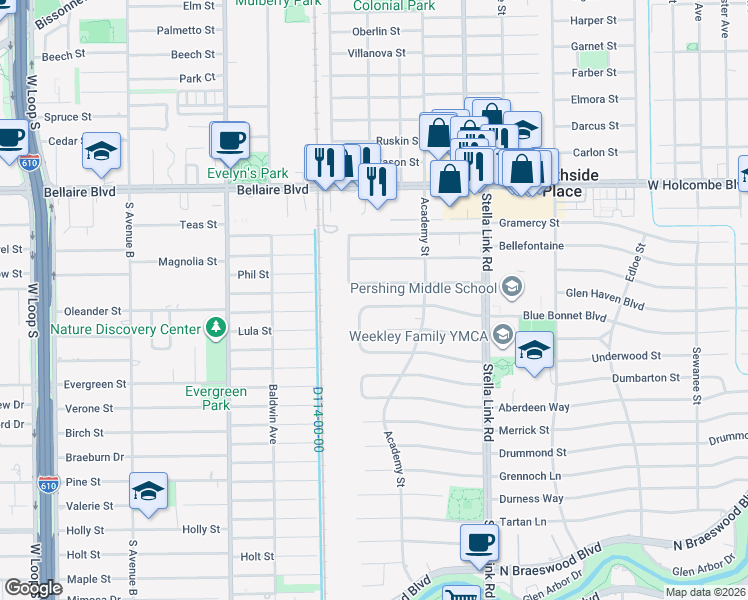 map of restaurants, bars, coffee shops, grocery stores, and more near 4138 Blue Bonnet Blvd in Houston
