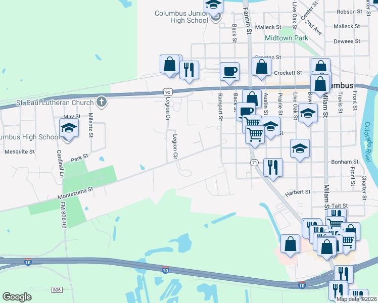 map of restaurants, bars, coffee shops, grocery stores, and more near 1328 Montezuma Street in Columbus