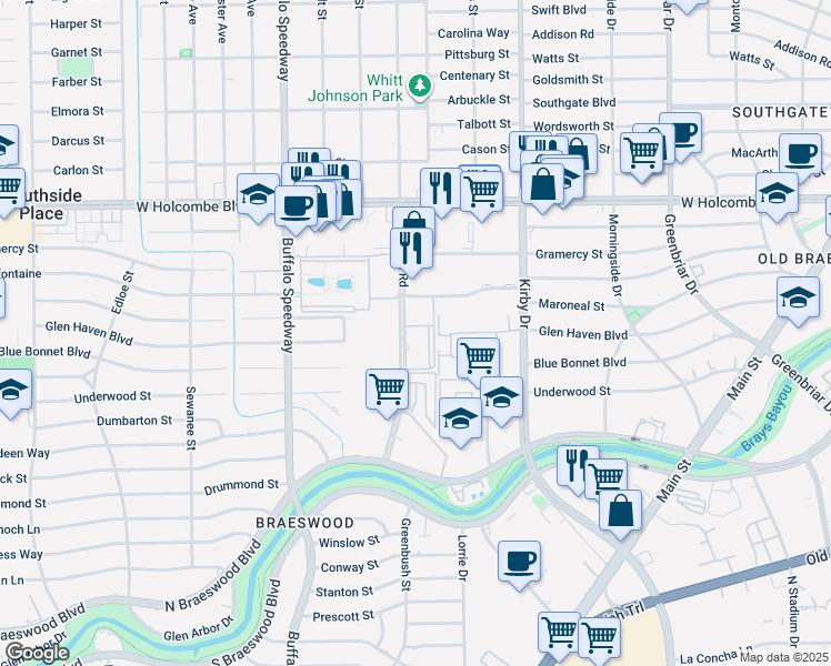 map of restaurants, bars, coffee shops, grocery stores, and more near 7315 Brompton Street in Houston