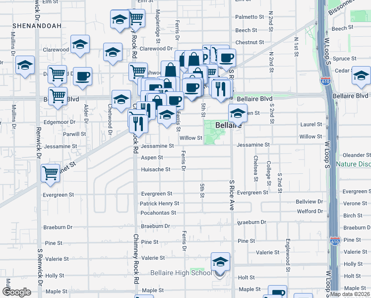map of restaurants, bars, coffee shops, grocery stores, and more near 5212 Aspen Street in Bellaire