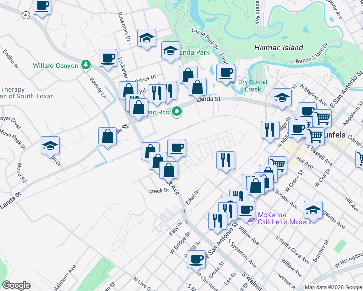 map of restaurants, bars, coffee shops, grocery stores, and more near 643 Prospect Way in New Braunfels