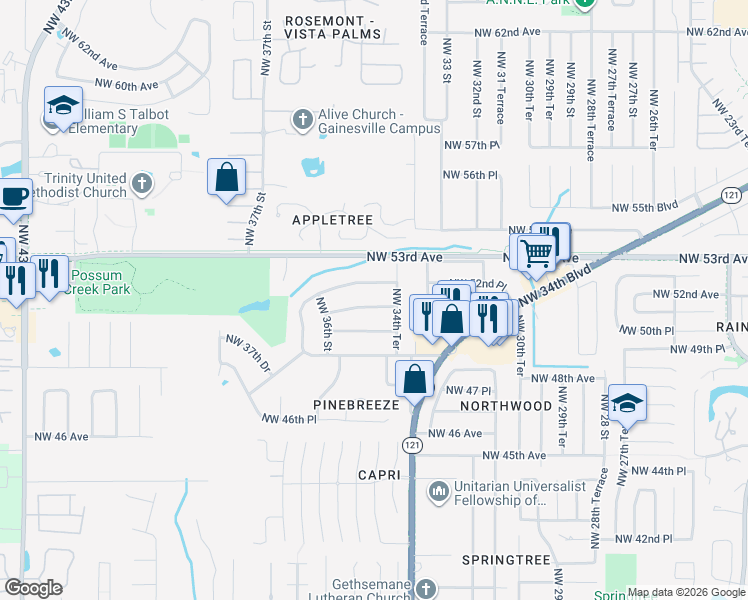 map of restaurants, bars, coffee shops, grocery stores, and more near 3454 Northwest 51 Avenue in Gainesville
