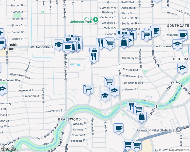 map of restaurants, bars, coffee shops, grocery stores, and more near 7315 Brompton Street in Houston