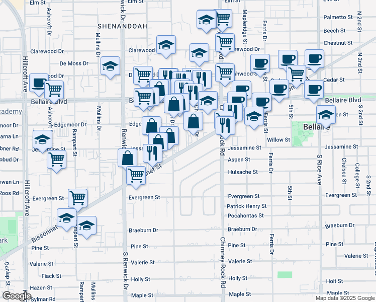 map of restaurants, bars, coffee shops, grocery stores, and more near 5621 Bissonnet Street in Houston