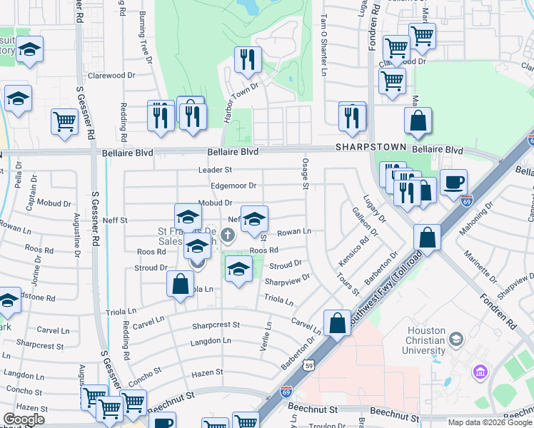 map of restaurants, bars, coffee shops, grocery stores, and more near 8018 Neff Street in Houston