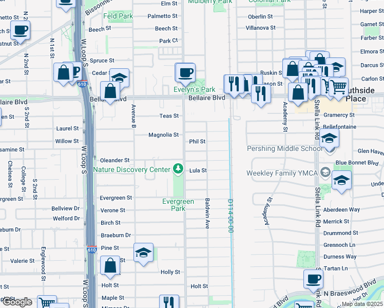 map of restaurants, bars, coffee shops, grocery stores, and more near 4440 Oleander Street in Bellaire