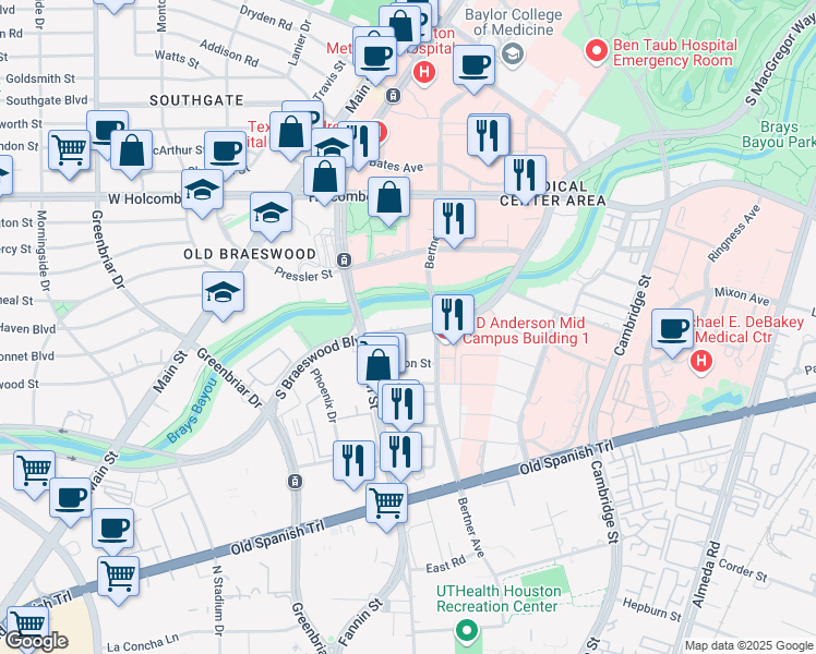 map of restaurants, bars, coffee shops, grocery stores, and more near 1300 South Braeswood Boulevard in Houston