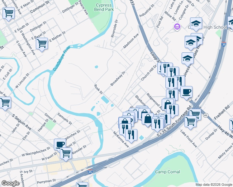 map of restaurants, bars, coffee shops, grocery stores, and more near 931 Langesmill Branch in New Braunfels