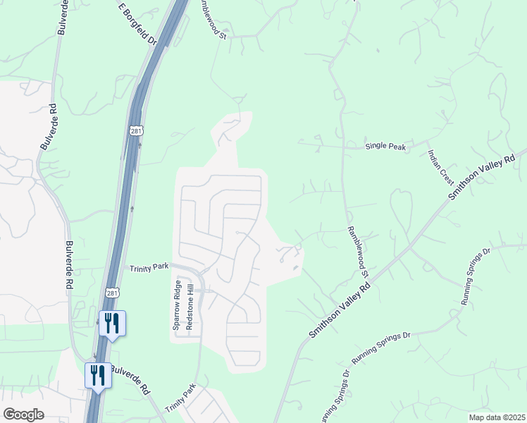 map of restaurants, bars, coffee shops, grocery stores, and more near 27114 Spiral Canyon in San Antonio