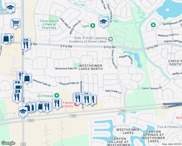 map of restaurants, bars, coffee shops, grocery stores, and more near 6311 Richland Hills Drive in Katy