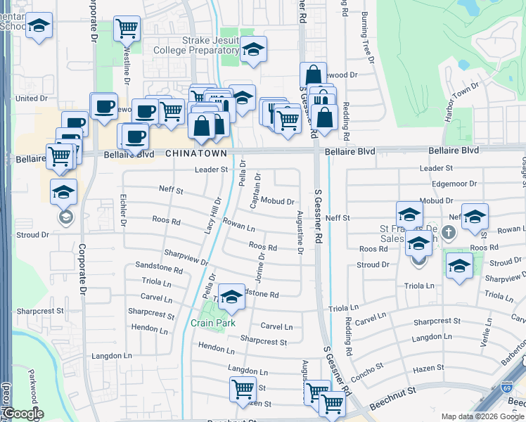 map of restaurants, bars, coffee shops, grocery stores, and more near 8903 Neff Street in Houston