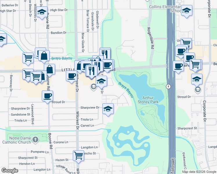 map of restaurants, bars, coffee shops, grocery stores, and more near 6887 Turtlewood Drive in Houston