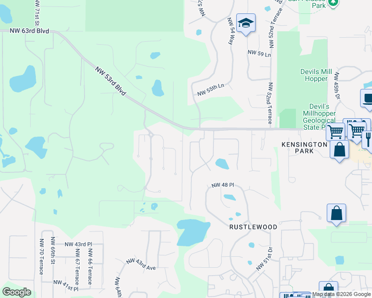 map of restaurants, bars, coffee shops, grocery stores, and more near 5128 Northwest 58 Street in Gainesville