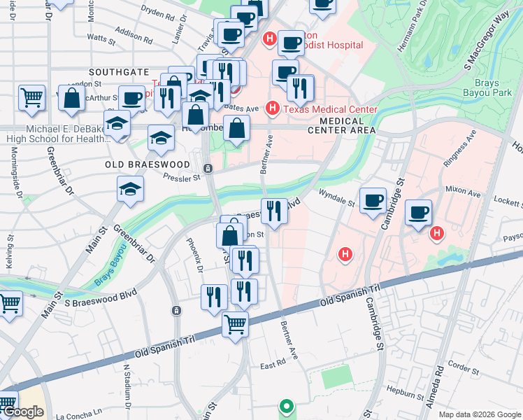 map of restaurants, bars, coffee shops, grocery stores, and more near Braeswood Boulevard in Houston