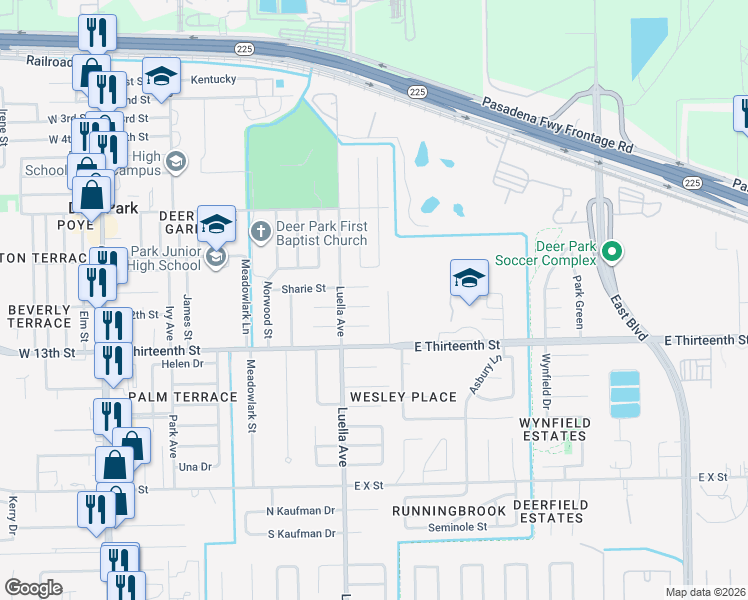 map of restaurants, bars, coffee shops, grocery stores, and more near 1128 Grace Street in Deer Park