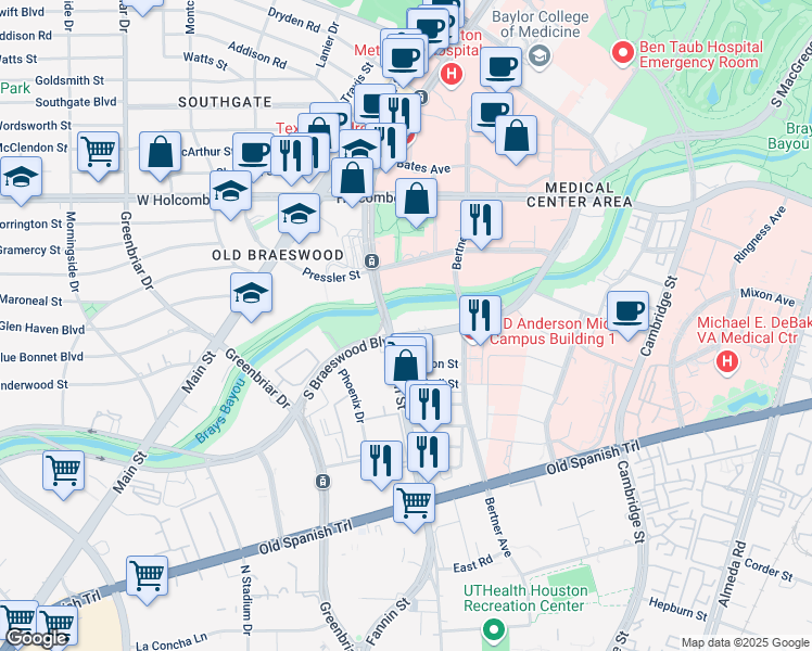 map of restaurants, bars, coffee shops, grocery stores, and more near 7015 Fannin Street in Houston