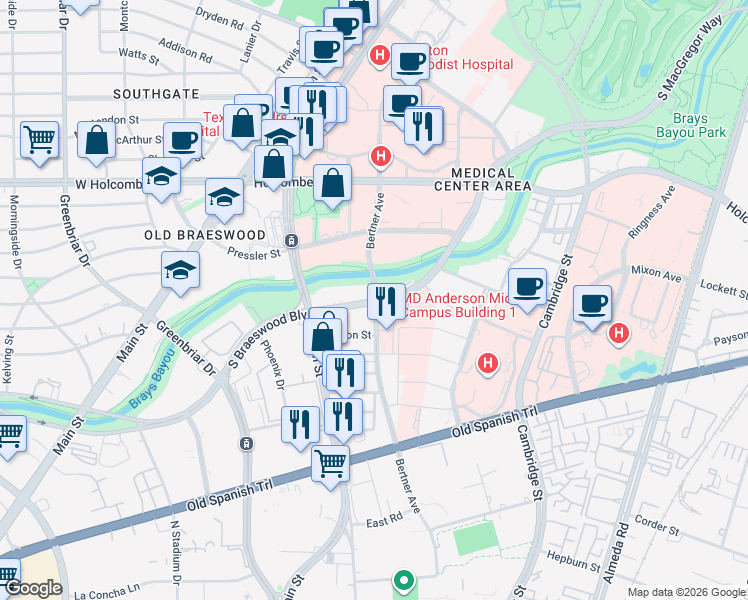map of restaurants, bars, coffee shops, grocery stores, and more near 1301 South Braeswood Boulevard in Houston