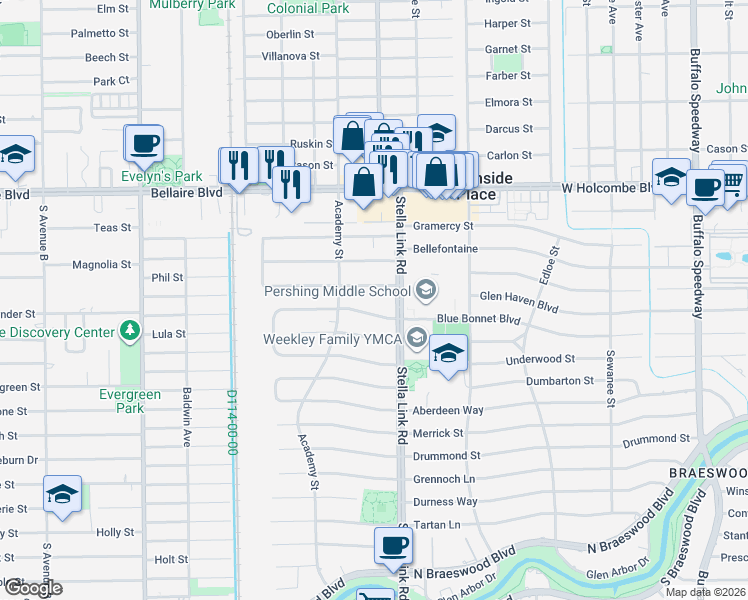 map of restaurants, bars, coffee shops, grocery stores, and more near 4034 Blue Bonnet Boulevard in Houston