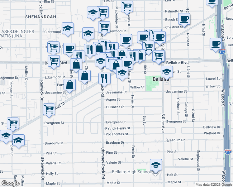 map of restaurants, bars, coffee shops, grocery stores, and more near 5406 Aspen Street in Houston