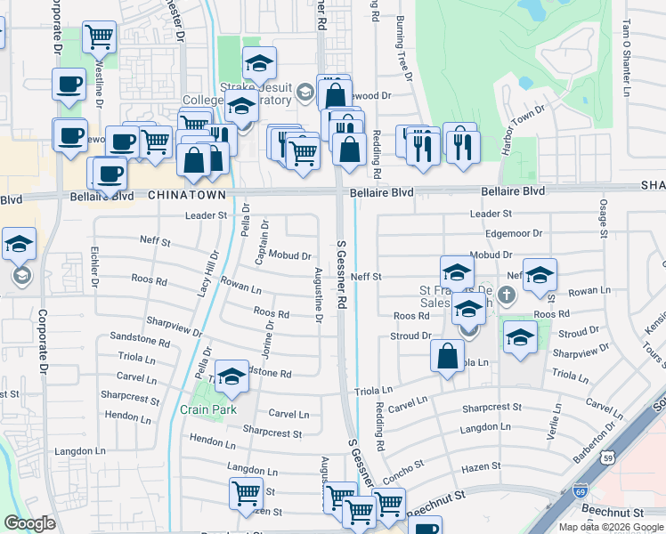 map of restaurants, bars, coffee shops, grocery stores, and more near in Houston