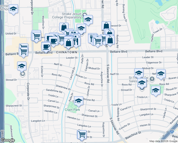 map of restaurants, bars, coffee shops, grocery stores, and more near 8903 Neff Street in Houston