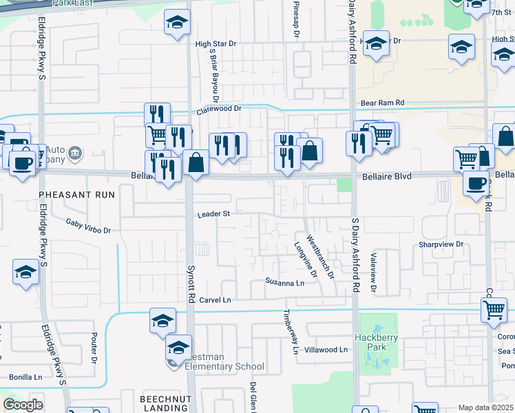 map of restaurants, bars, coffee shops, grocery stores, and more near 13000 Leader Street in Houston