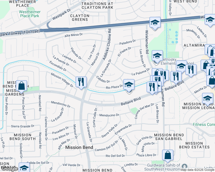map of restaurants, bars, coffee shops, grocery stores, and more near 15511 Rio Plaza Drive in Houston