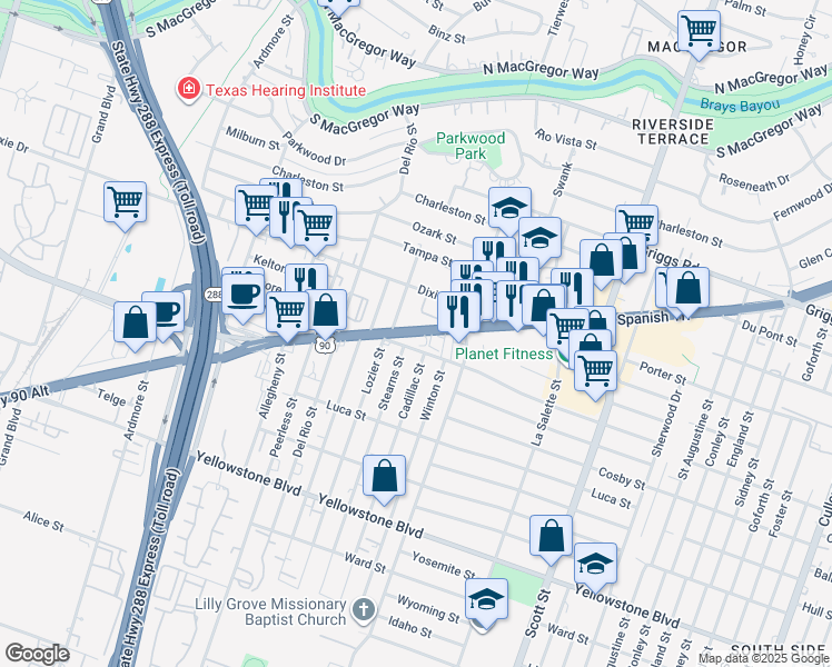 map of restaurants, bars, coffee shops, grocery stores, and more near Old Spanish Trail in Houston