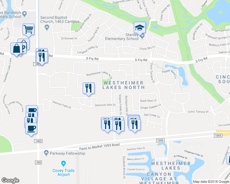 map of restaurants, bars, coffee shops, grocery stores, and more near 26418 Larkspur Ridge Drive in Katy
