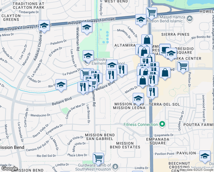 map of restaurants, bars, coffee shops, grocery stores, and more near 14933 Bellaire Blvd in Houston