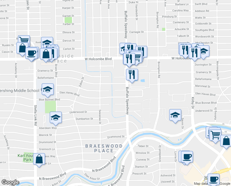 map of restaurants, bars, coffee shops, grocery stores, and more near 3389 Maroneal Street in Houston