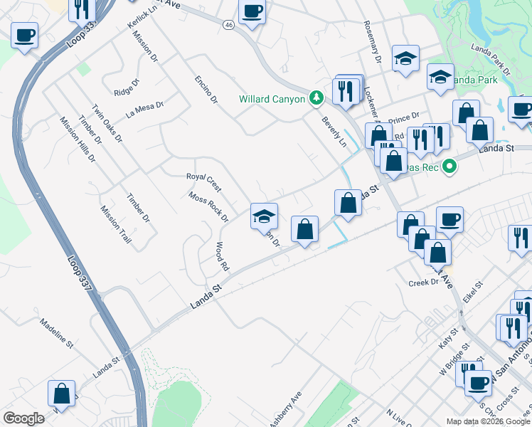 map of restaurants, bars, coffee shops, grocery stores, and more near 1013 Mission Drive in New Braunfels
