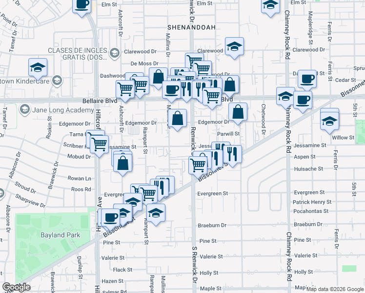 map of restaurants, bars, coffee shops, grocery stores, and more near 5943 Jessamine Street in Houston