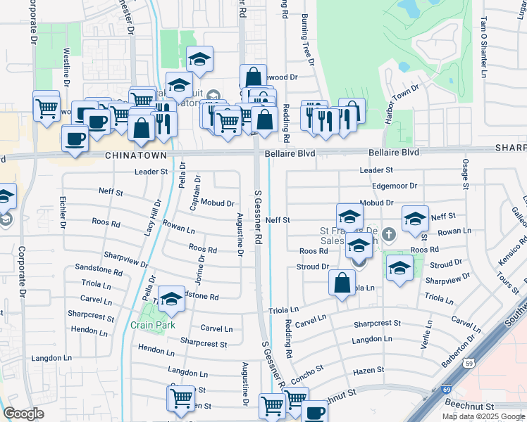 map of restaurants, bars, coffee shops, grocery stores, and more near in Houston