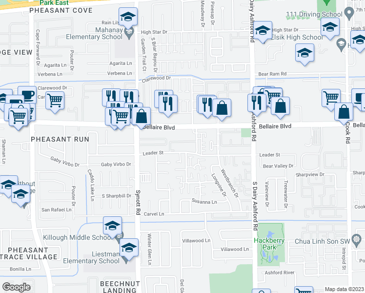 map of restaurants, bars, coffee shops, grocery stores, and more near 13000 Leader Street in Houston