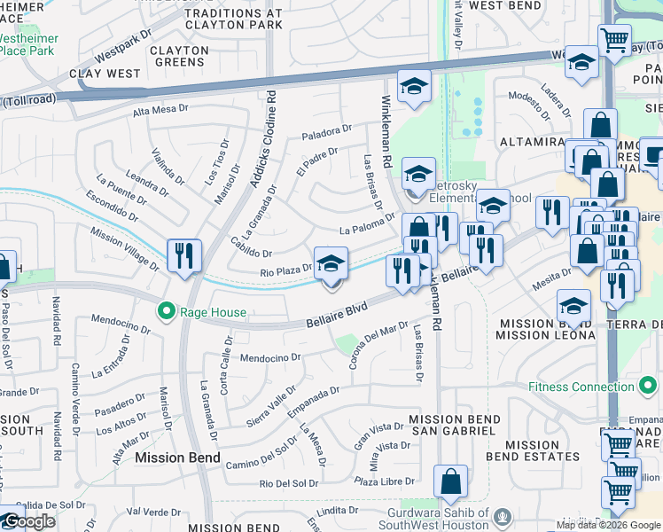 map of restaurants, bars, coffee shops, grocery stores, and more near 15331 Rio Plaza Drive in Houston