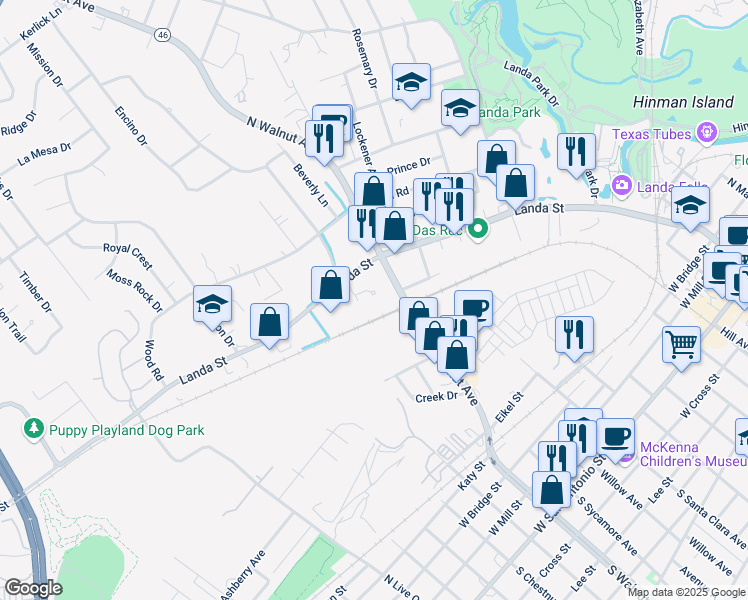 map of restaurants, bars, coffee shops, grocery stores, and more near 300 Laurel Lane in New Braunfels