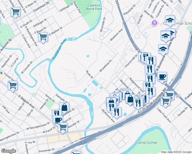 map of restaurants, bars, coffee shops, grocery stores, and more near 710 Broadway in New Braunfels