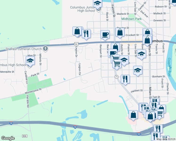 map of restaurants, bars, coffee shops, grocery stores, and more near 1328 Montezuma Street in Columbus