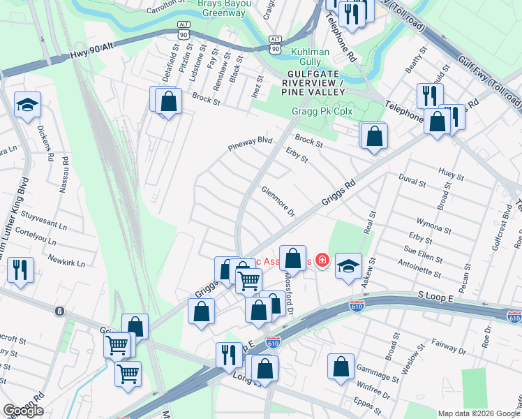 map of restaurants, bars, coffee shops, grocery stores, and more near 3720 Minglewood Boulevard in Houston