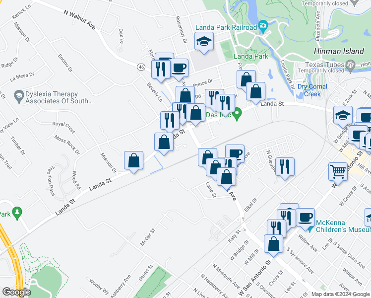 map of restaurants, bars, coffee shops, grocery stores, and more near 300 Laurel Lane in New Braunfels