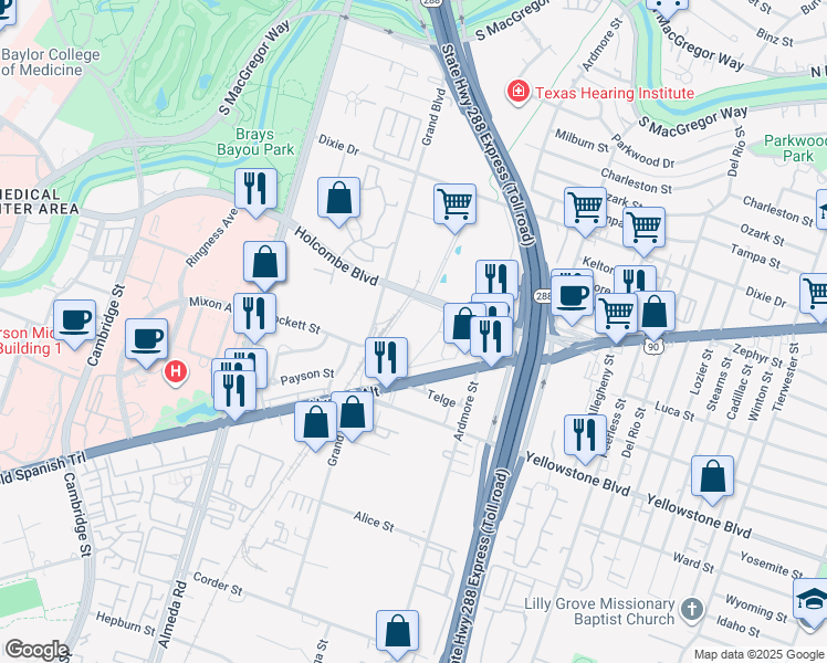 map of restaurants, bars, coffee shops, grocery stores, and more near 3131 Holcombe Boulevard in Houston