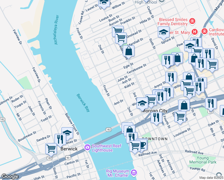 map of restaurants, bars, coffee shops, grocery stores, and more near 1099-1119 Front Street in Morgan City