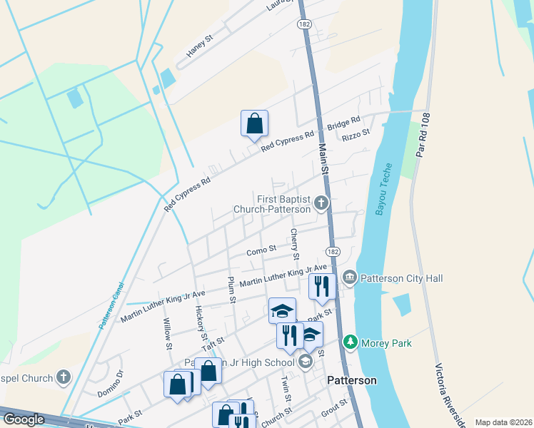 map of restaurants, bars, coffee shops, grocery stores, and more near 301 Cleveland Street in Patterson