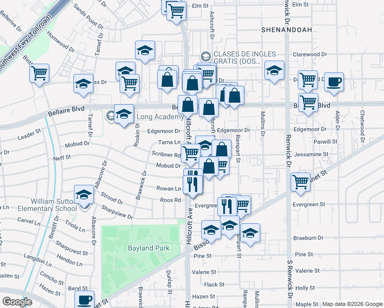 map of restaurants, bars, coffee shops, grocery stores, and more near 7111 Hillcroft Street in Houston
