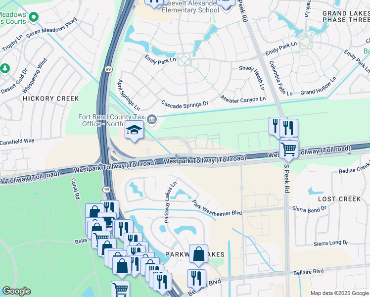 map of restaurants, bars, coffee shops, grocery stores, and more near 22092 Grand Corner Drive in Katy