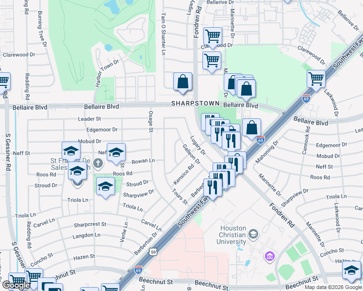 map of restaurants, bars, coffee shops, grocery stores, and more near 7127 Walkway Street in Houston