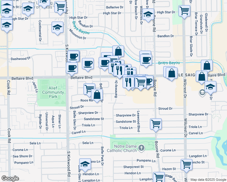 map of restaurants, bars, coffee shops, grocery stores, and more near 11501 Rowan Lane in Houston