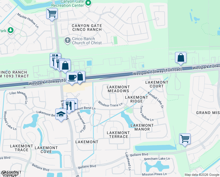 map of restaurants, bars, coffee shops, grocery stores, and more near 20202 Lochpoint Court in Richmond